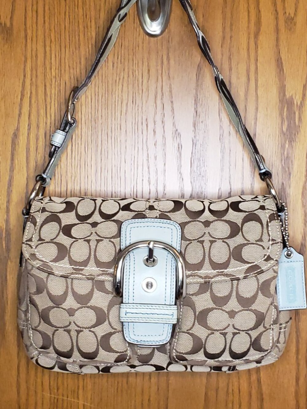 Vintage COACH Y2K Soho Jacquard Canvas & Blue Leather Shoulder Flap Bag #11862